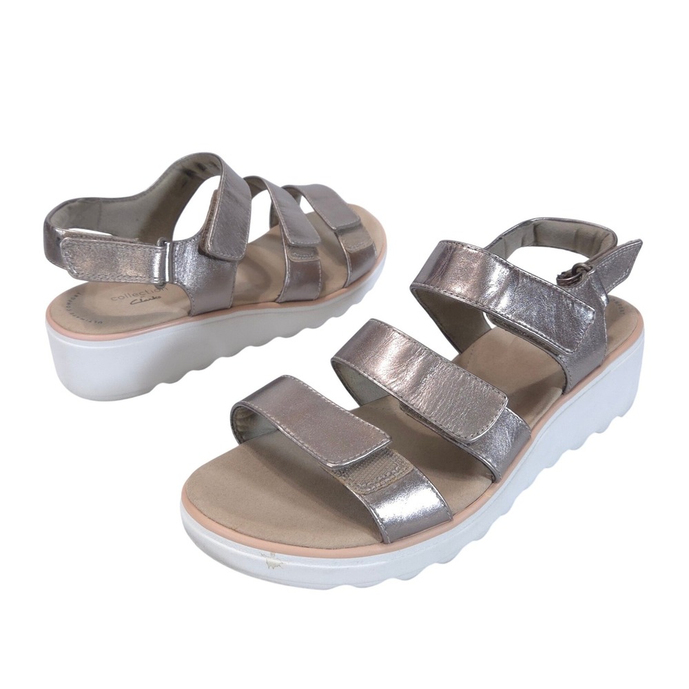 Clarks Jillian Claire Wedge Platform Sandals Womens 10M Metallic Strappy Comfort